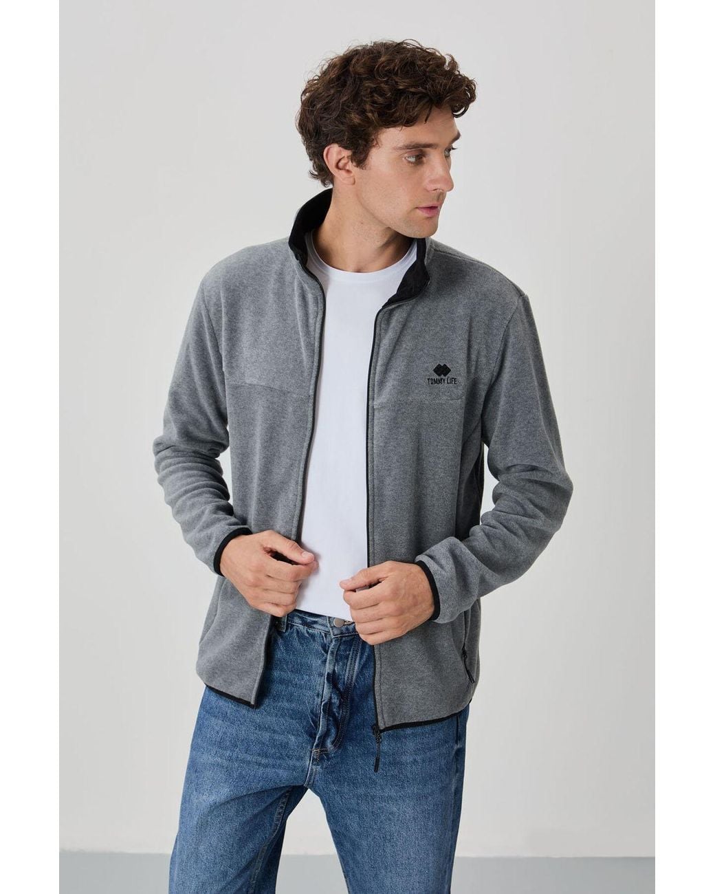 TOMMY LIFE Black Plush Zip-Front Sweatshirt for men