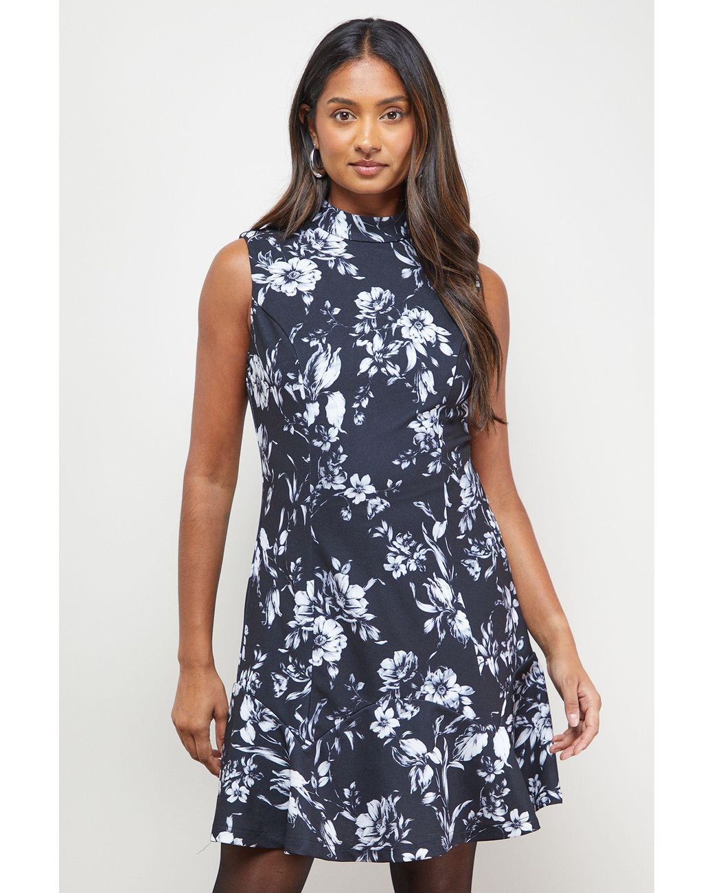 Oasis Blue Printed Sleeveless Peplum Hem Mini Dress