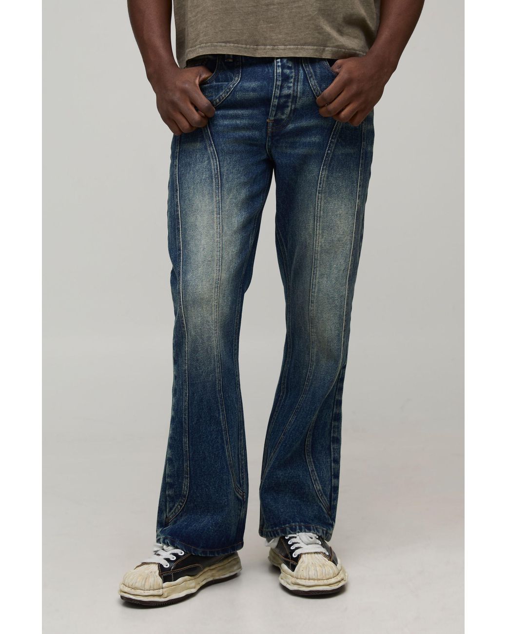 BoohooMAN Blue Straight Flared Washed Western Panel Jeans for men