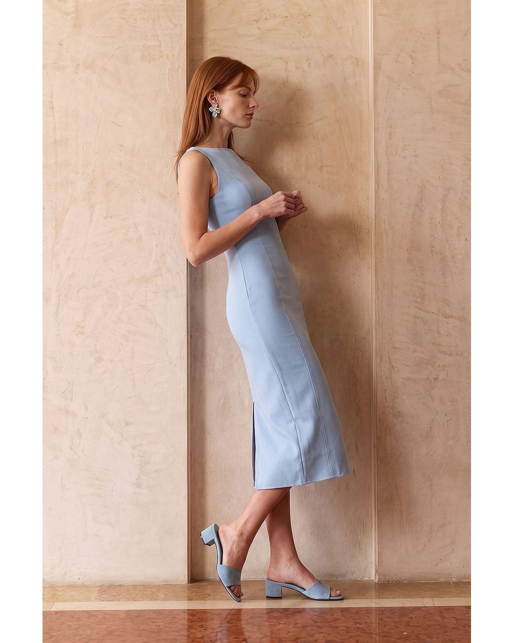 Dilvin Natural Sleeveless Midi Bodycon Dress With Slit