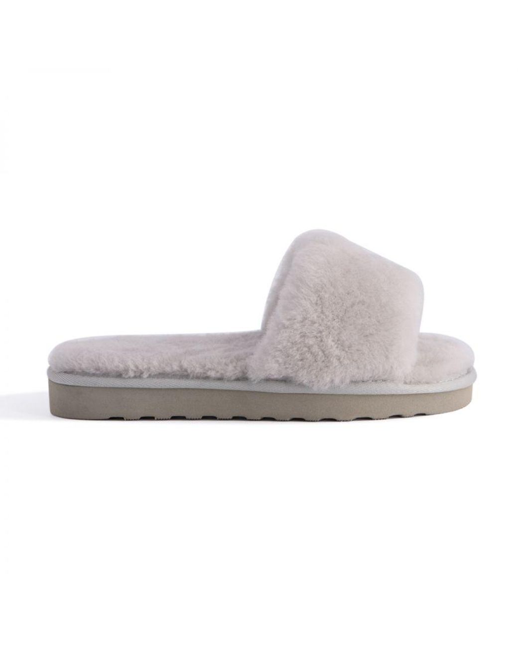 Aus Wooli Gray Australia Sheepskin Fluff Slide Slippers Leather