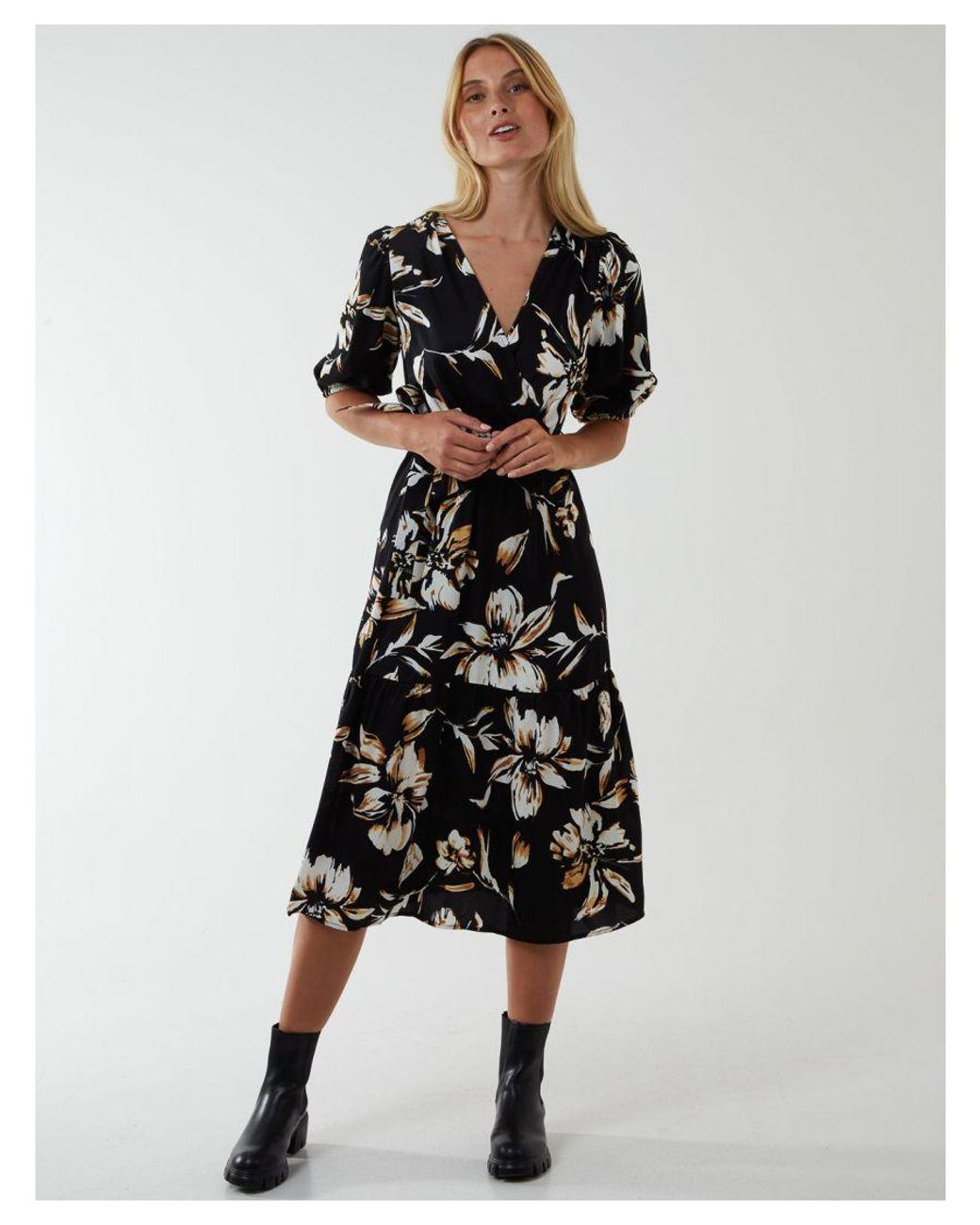 Blue Vanilla Black Wrap Front Tier Hem Midi Dress