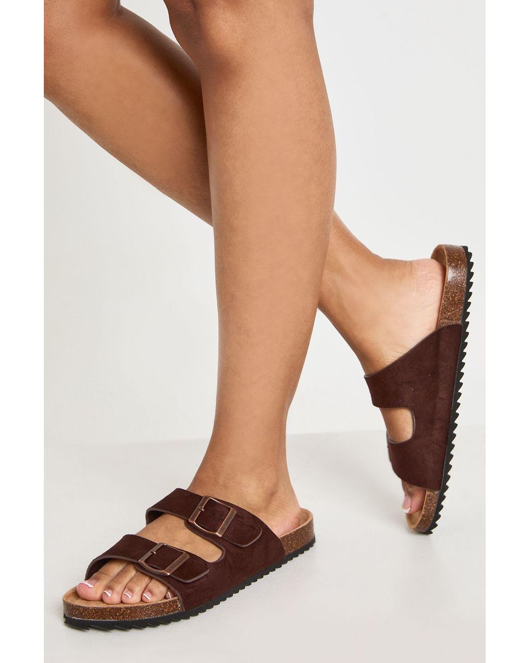 Boohoo Brown Double Buckle Footbed Sliders