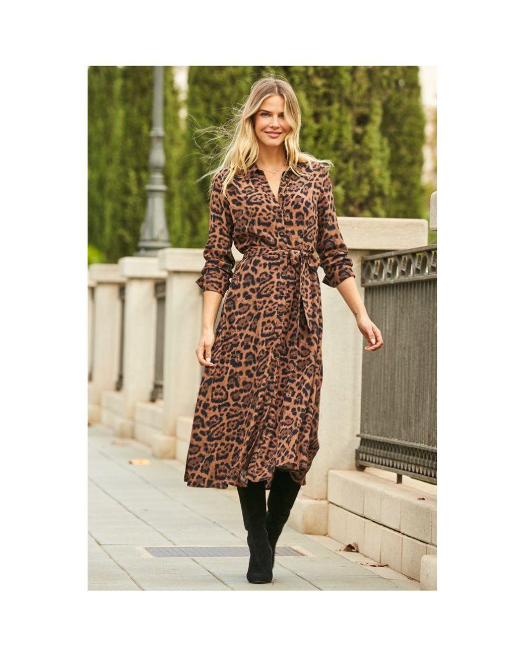 Sosandar Green Leopard Print Midi Shirt Dress With Belt