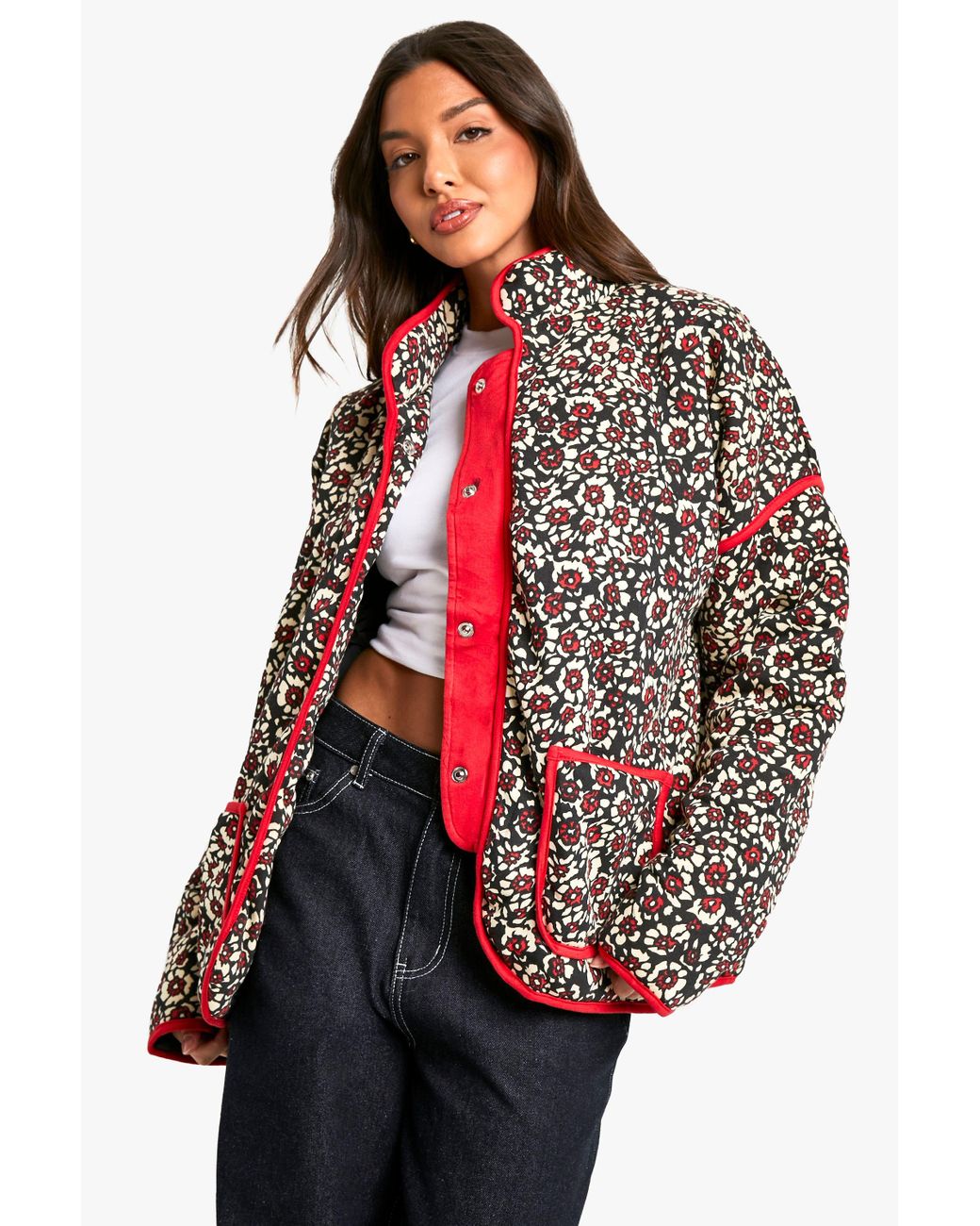 Boohoo Red Floral Padded Jacket
