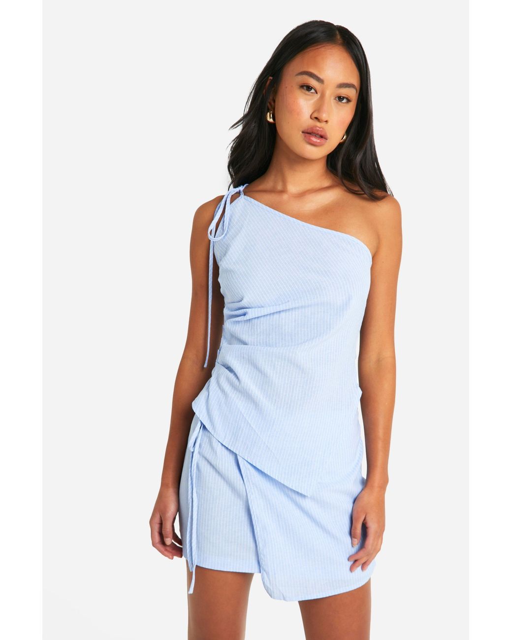 Boohoo Blue Asymmetric Stripe Ruched Cami