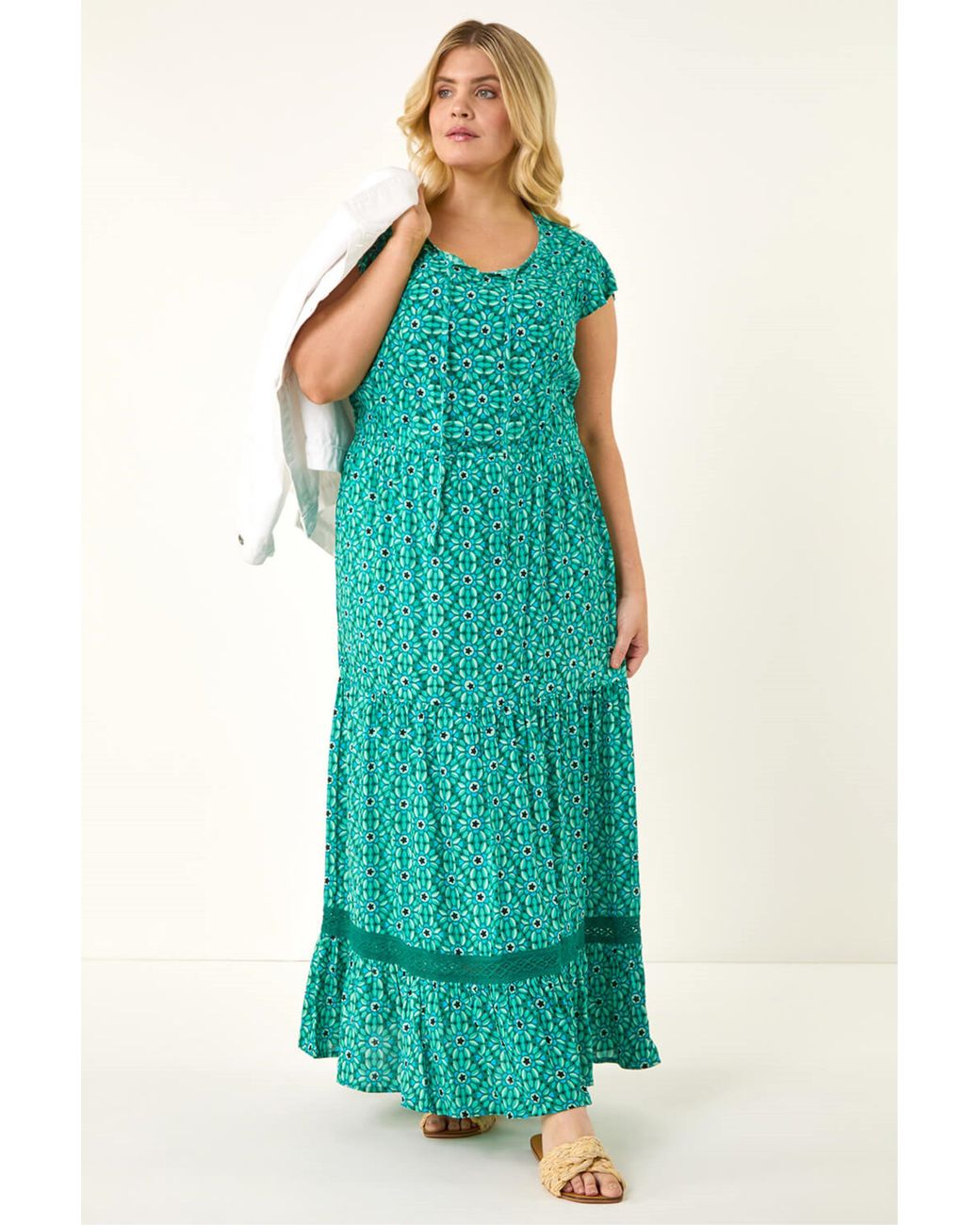 Roman Green Curve Floral Print Swing Midi Dress
