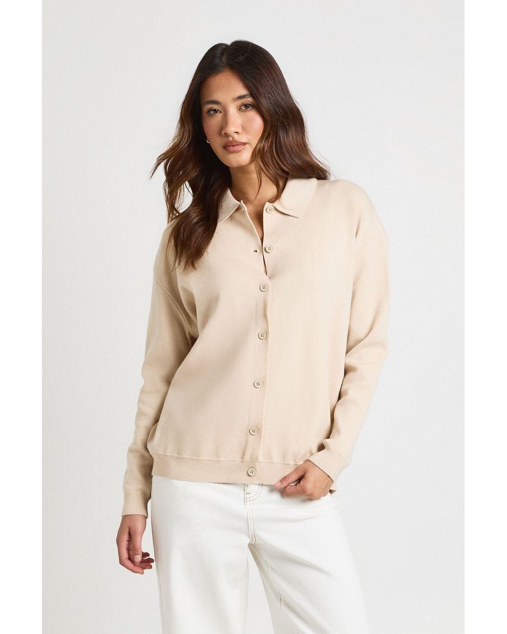 Boohoo Natural Knitted Button Down Collared Cardigan