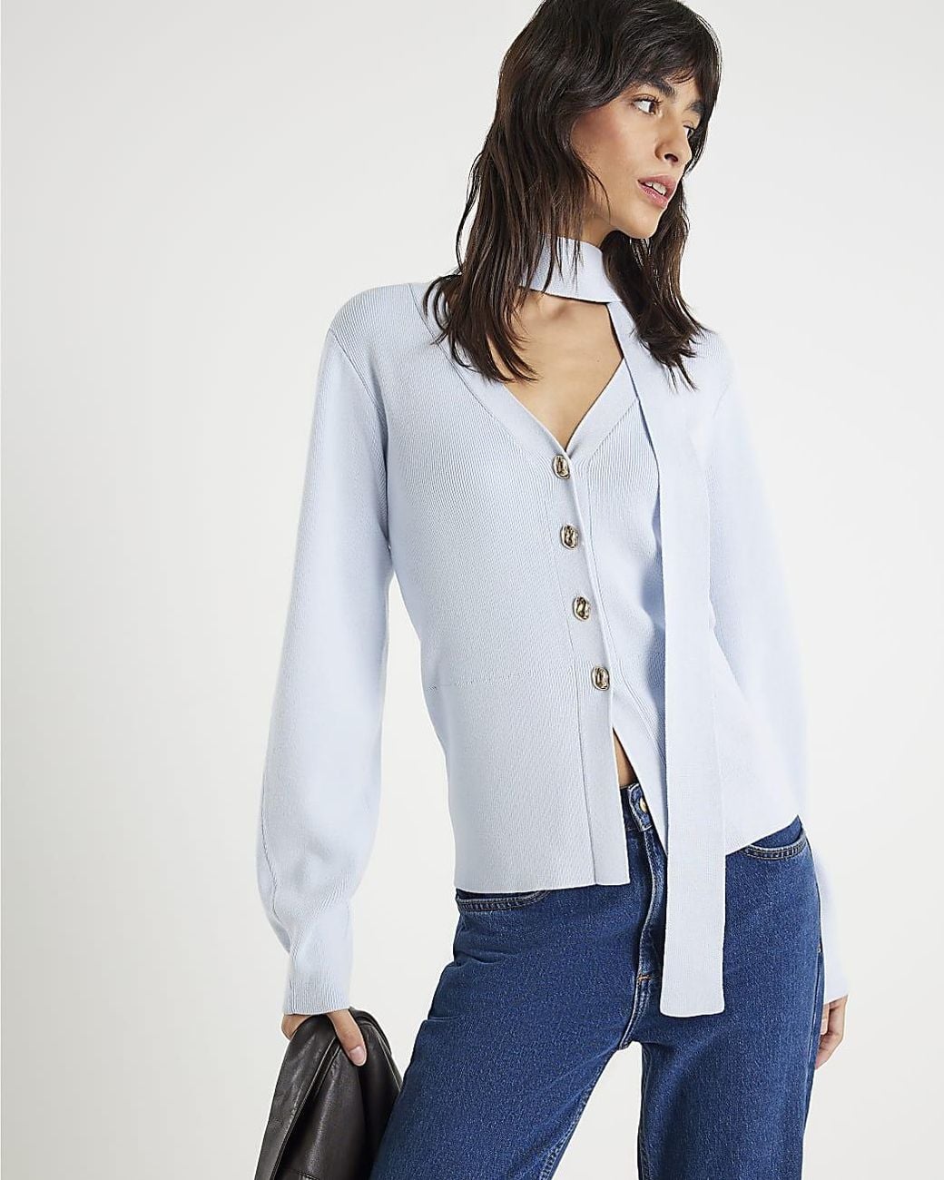 River Island Blue Cardigan Knitted Tie Neck V-Neck Viscose