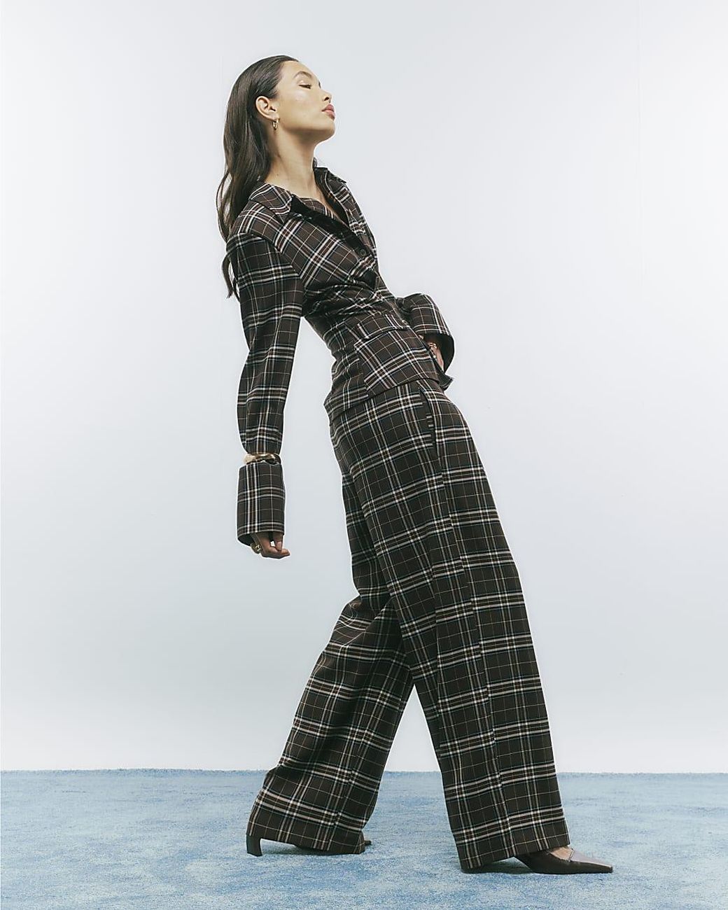 River Island Gray Wide Leg Trousers Check