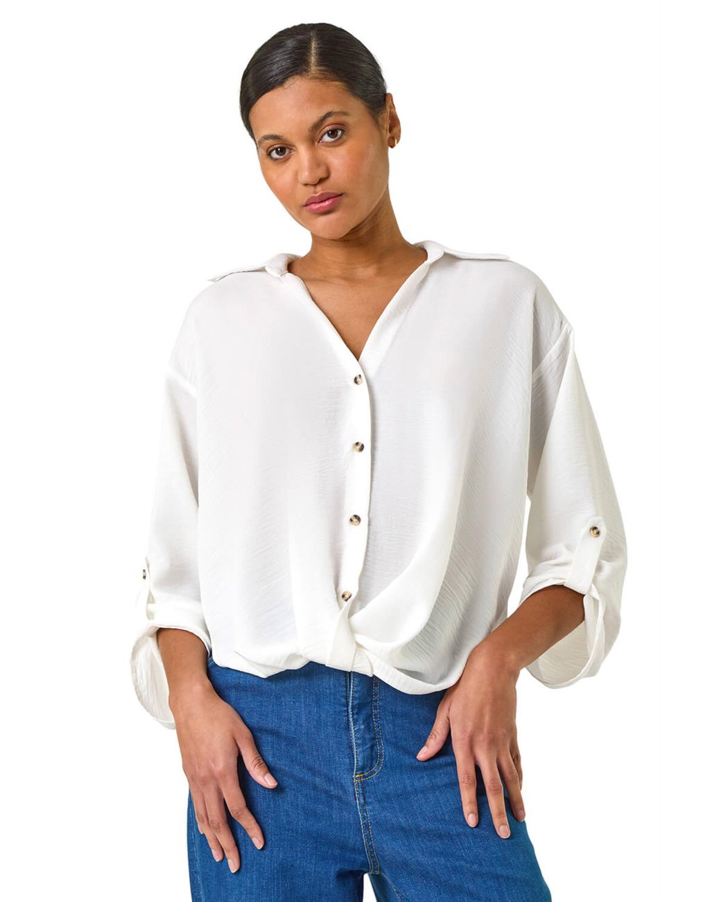 Roman White Twist Hem V-Neck Shirt