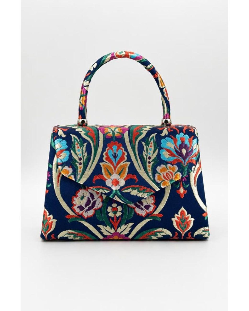 SVNX Blue Floral Satin Embroidered Top Handle Bag