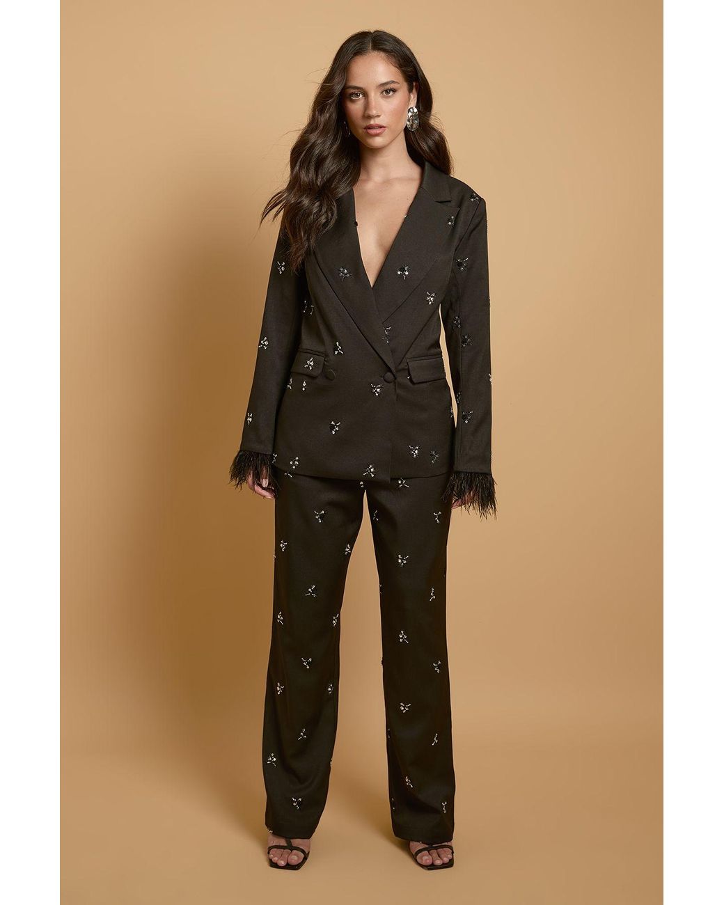Oasis Brown Feather Cuff Jewelled Blazer