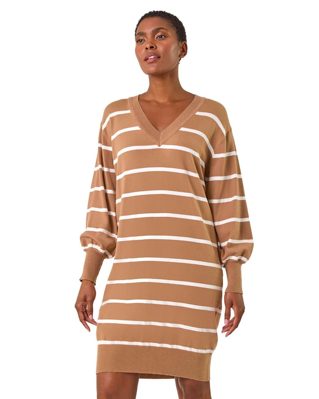 Roman Natural Stripe V-Neck Knit Jumper Dress