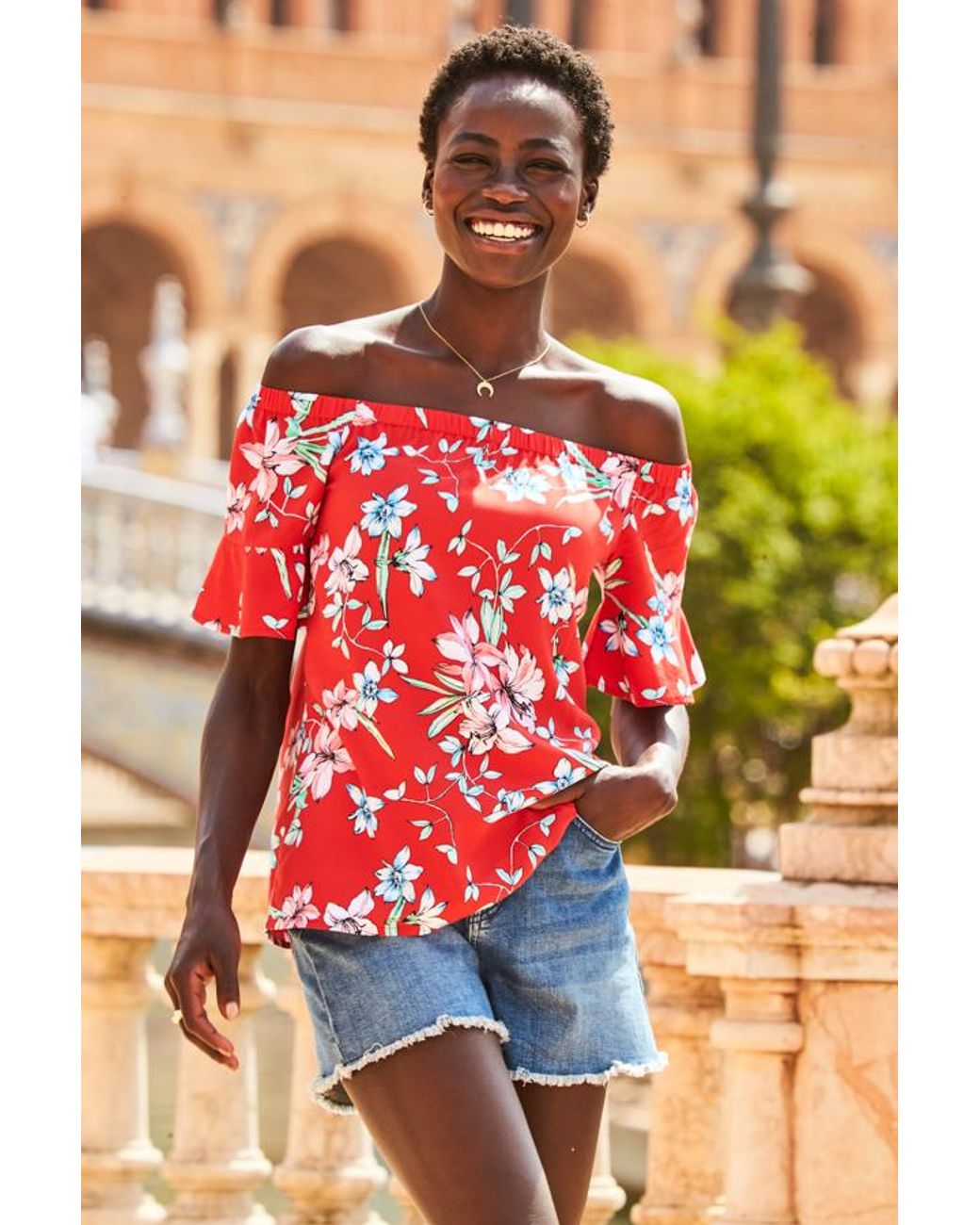 Sosandar Red Print Fluted Sleeve Bardot Top Denim
