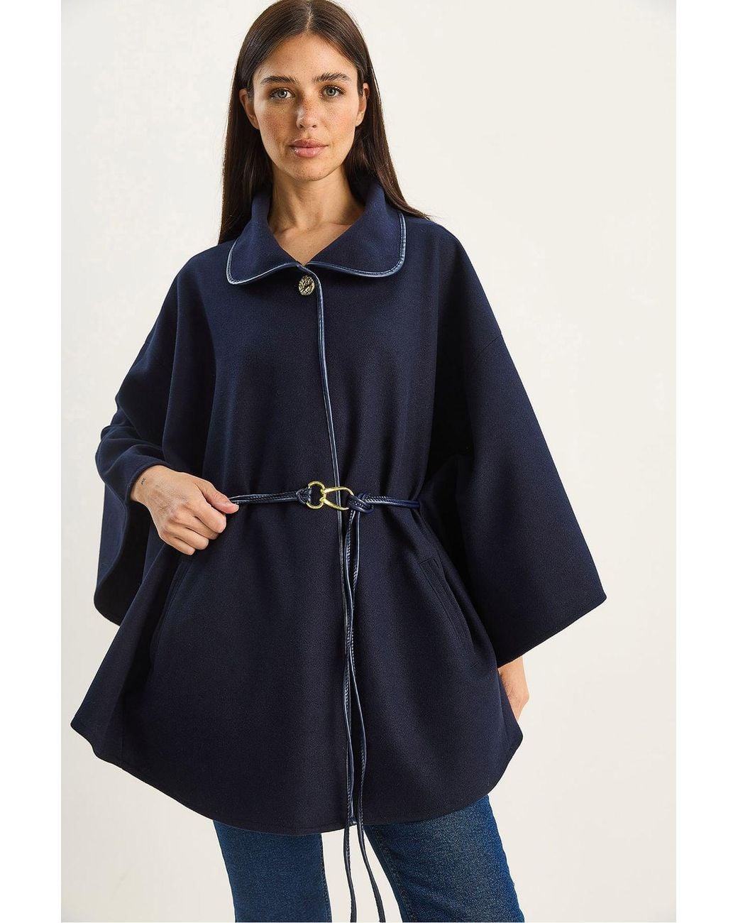 Bianco Lucci Blue Oversized Textured Wool Blend Overcoat With Jacket Collar