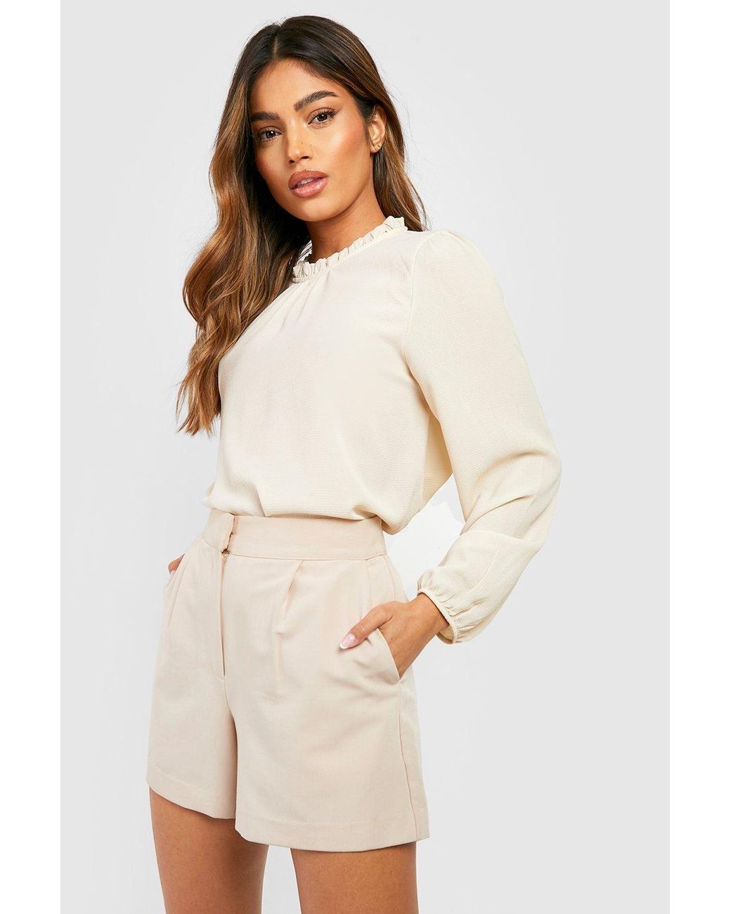 Boohoo Natural Frill Neck Long Sleeve Woven Blouse