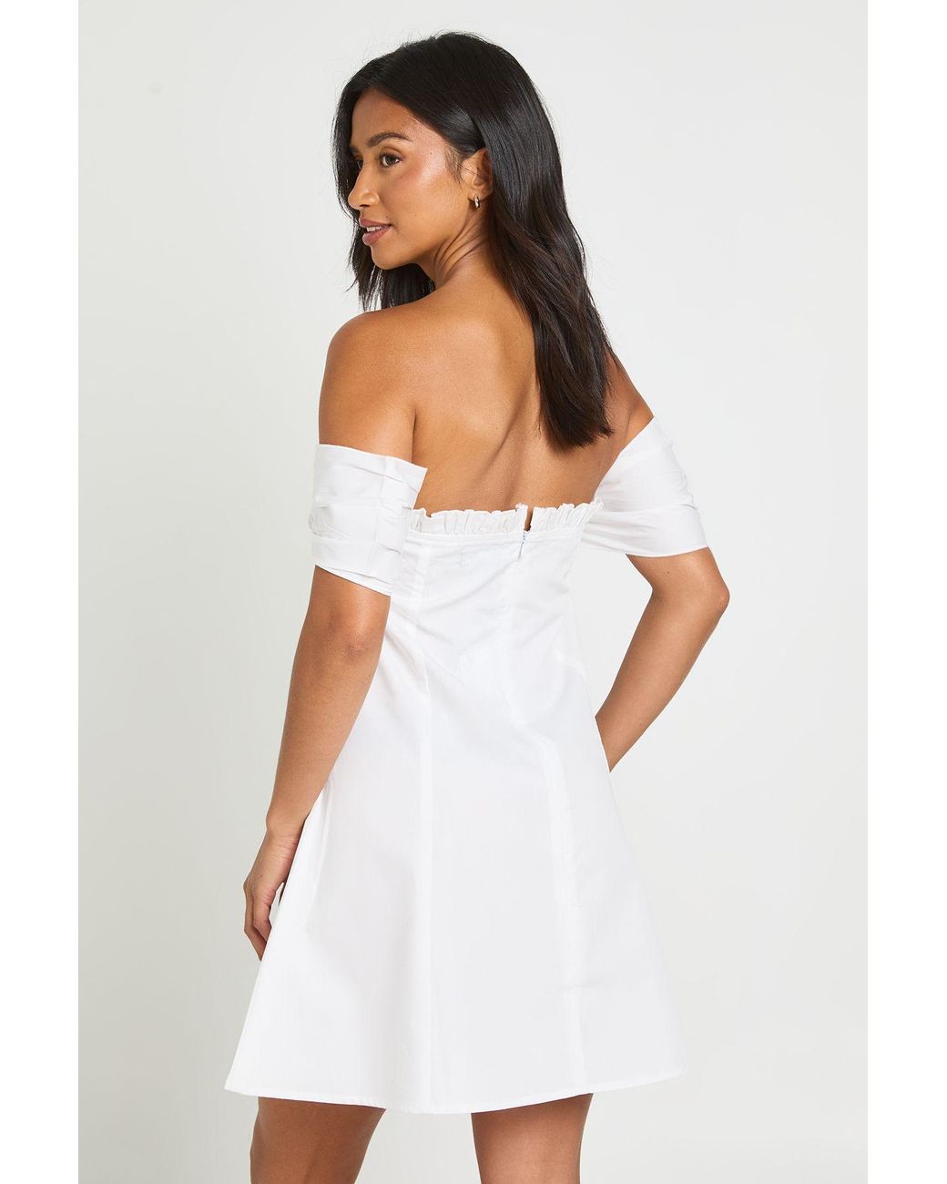 Boohoo White Petite Ruched Bust Bardot Mini Dress