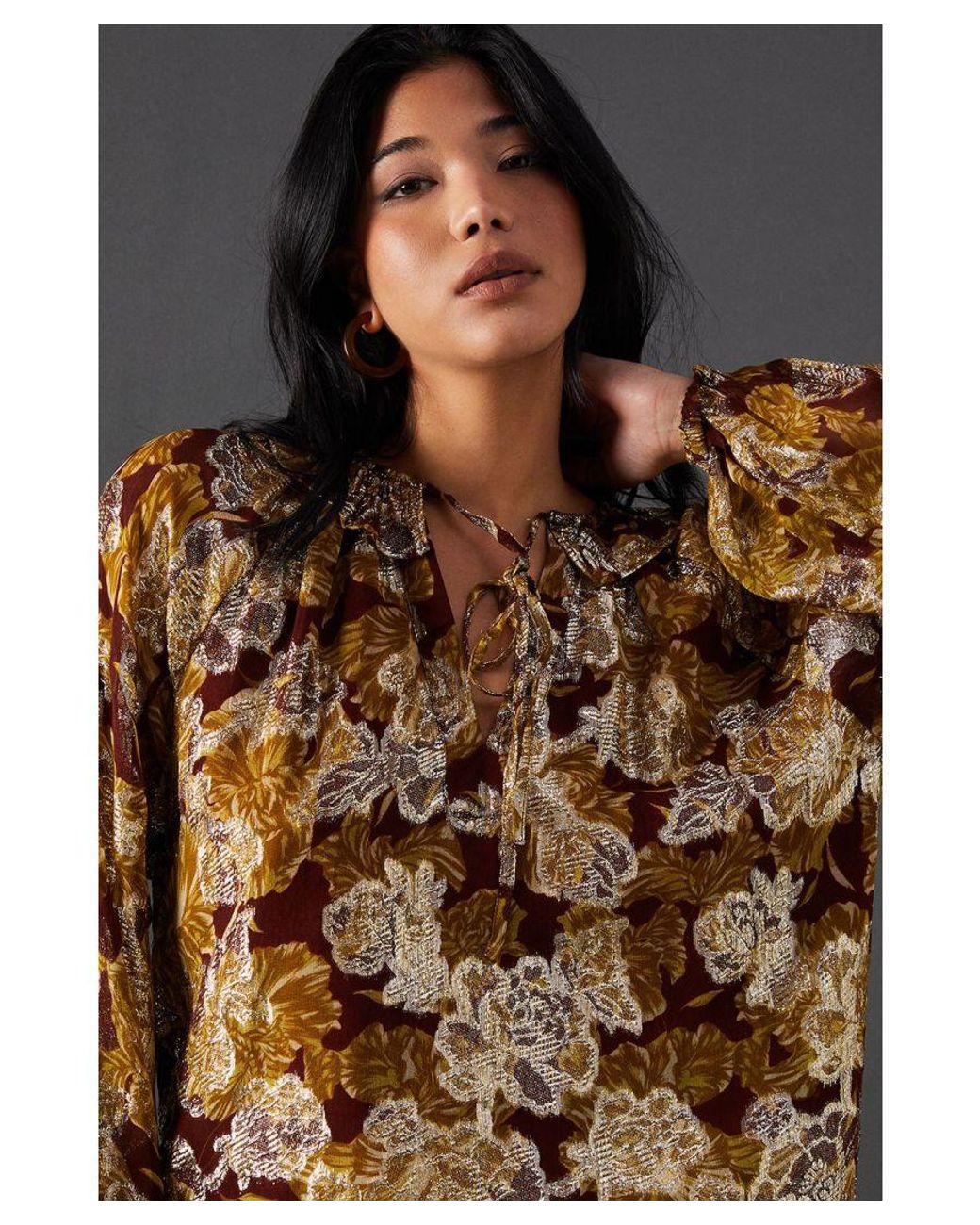 Warehouse Blue Printed Metallic Jacquard Tie Neck Frill Collar Blouse
