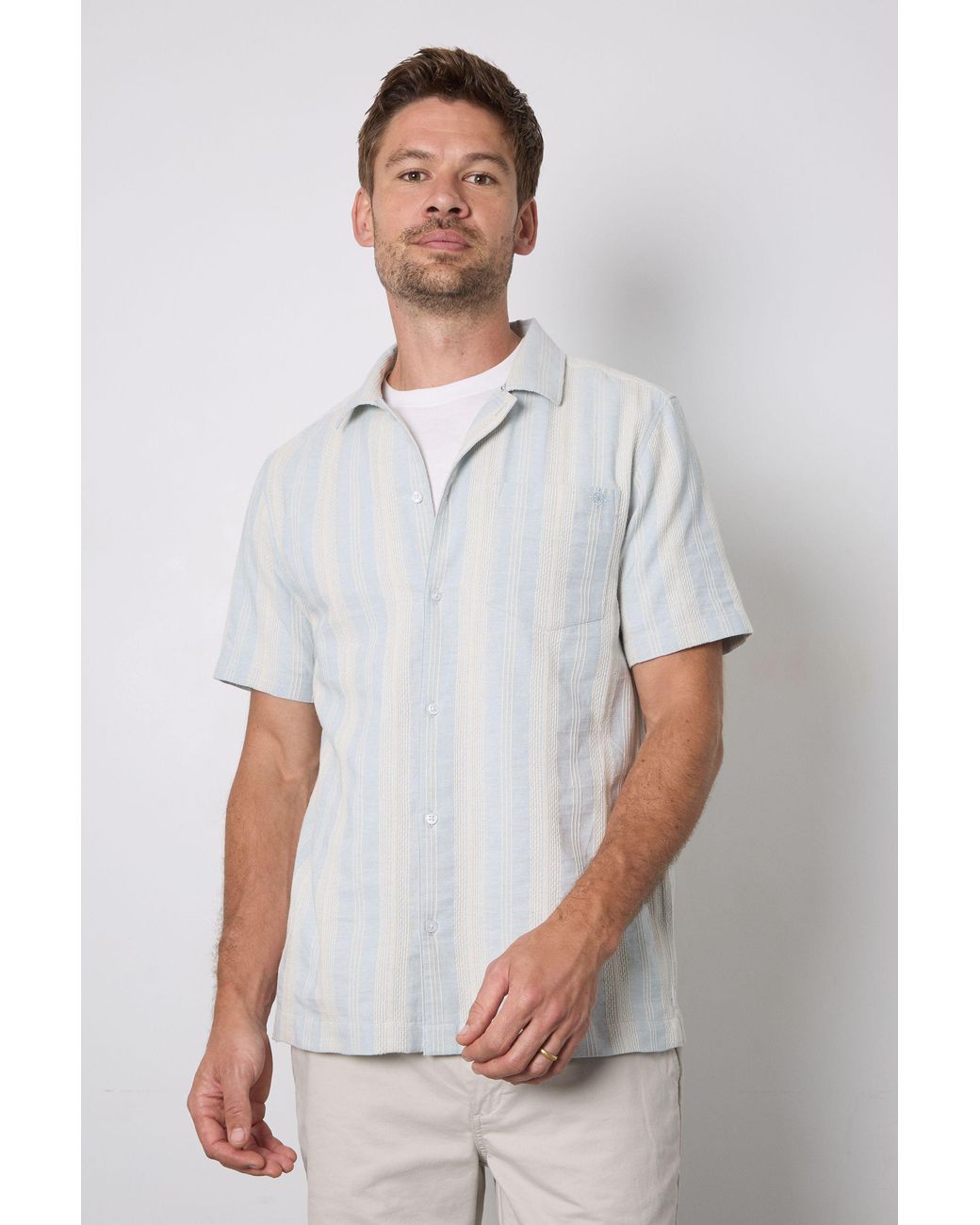 MAINE White Textured Stripes Revere Short Sleeve Shirt Cotton for men
