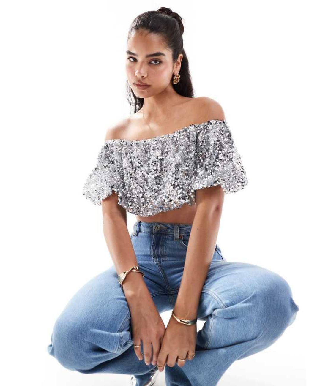 ASOS Blue Sequin Bubble Hem Top