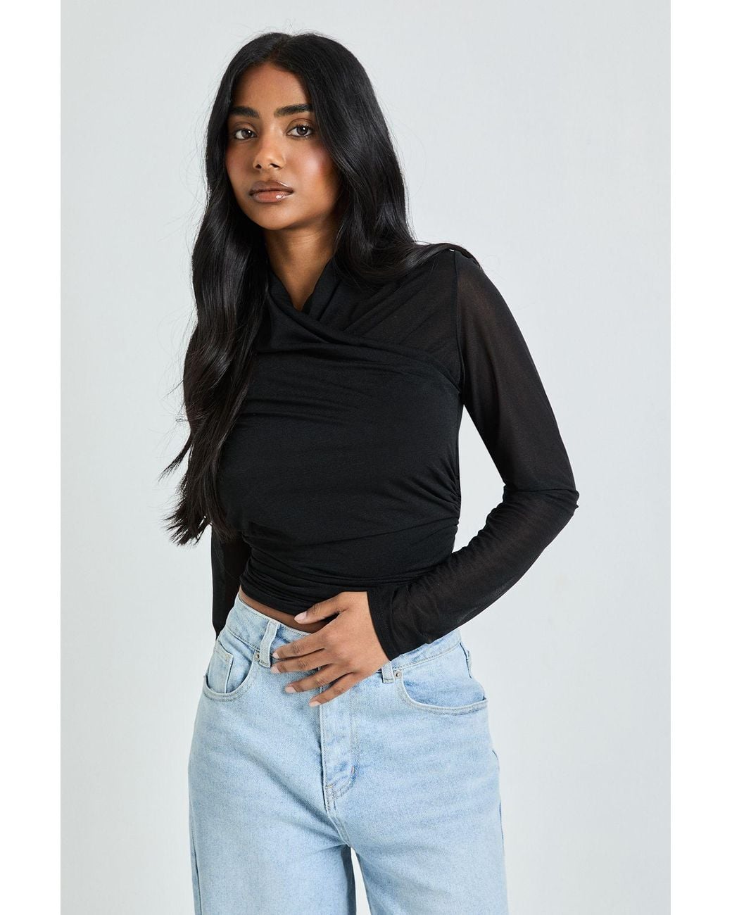 Boohoo Blue Sheer Textured Wrap Neck Long Sleeve Top