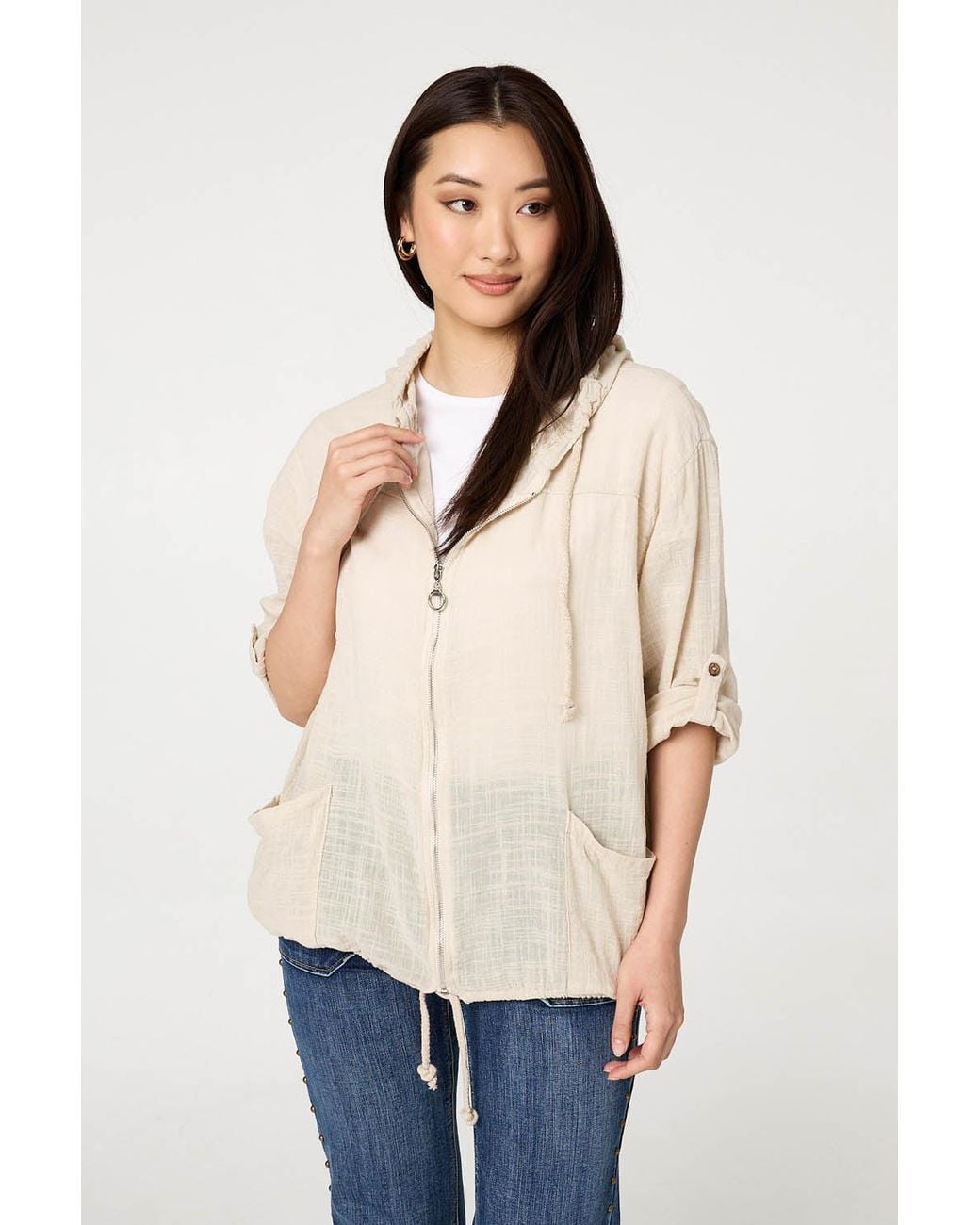 Izabel London Natural 3/4 Sleeve Hooded Zip Front Jacket