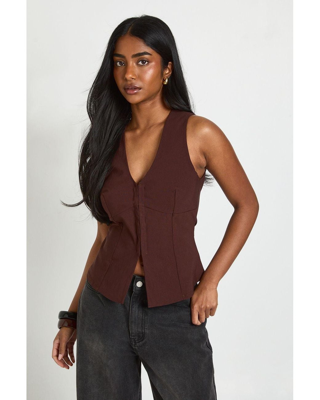 Boohoo Brown Bengaline Hook And Eye Waistcoat