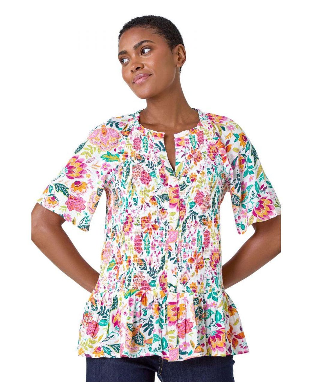 Roman Blue Floral Crinkle Blouse