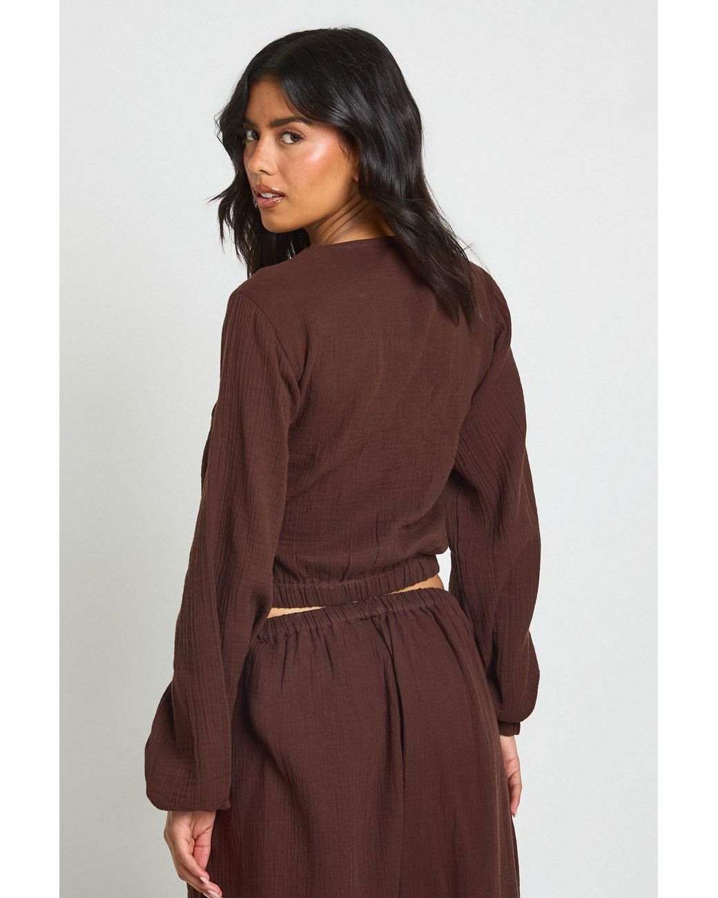 Boohoo Brown Cheesecloth Long Sleeve Wrap Top
