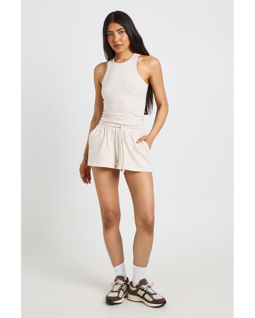 Boohoo White Tall Racer Top And Sweat Short Set