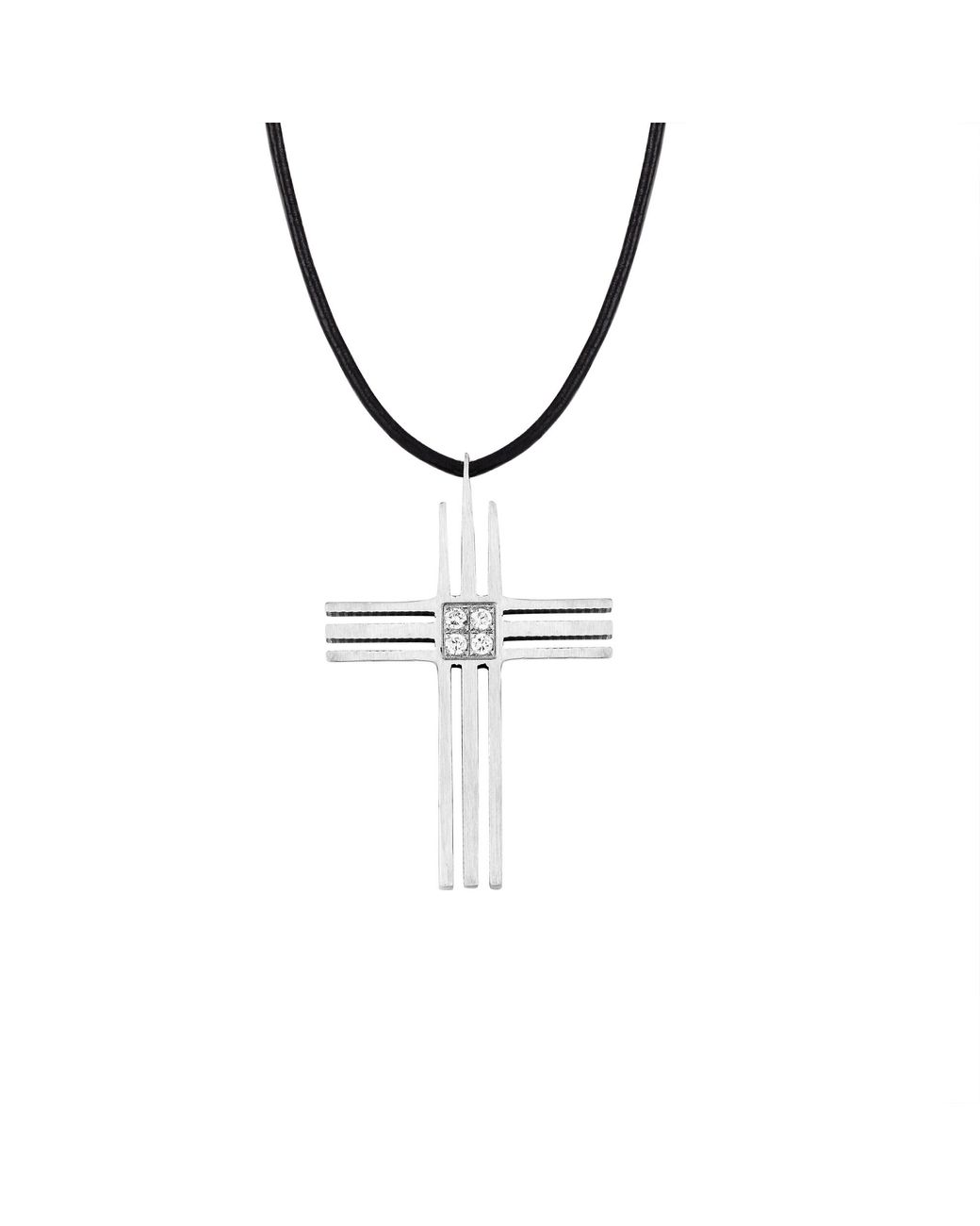 The Jewellery Stockroom Metallic Stainless Steel Grooved Cross Pendant With Cz Centre