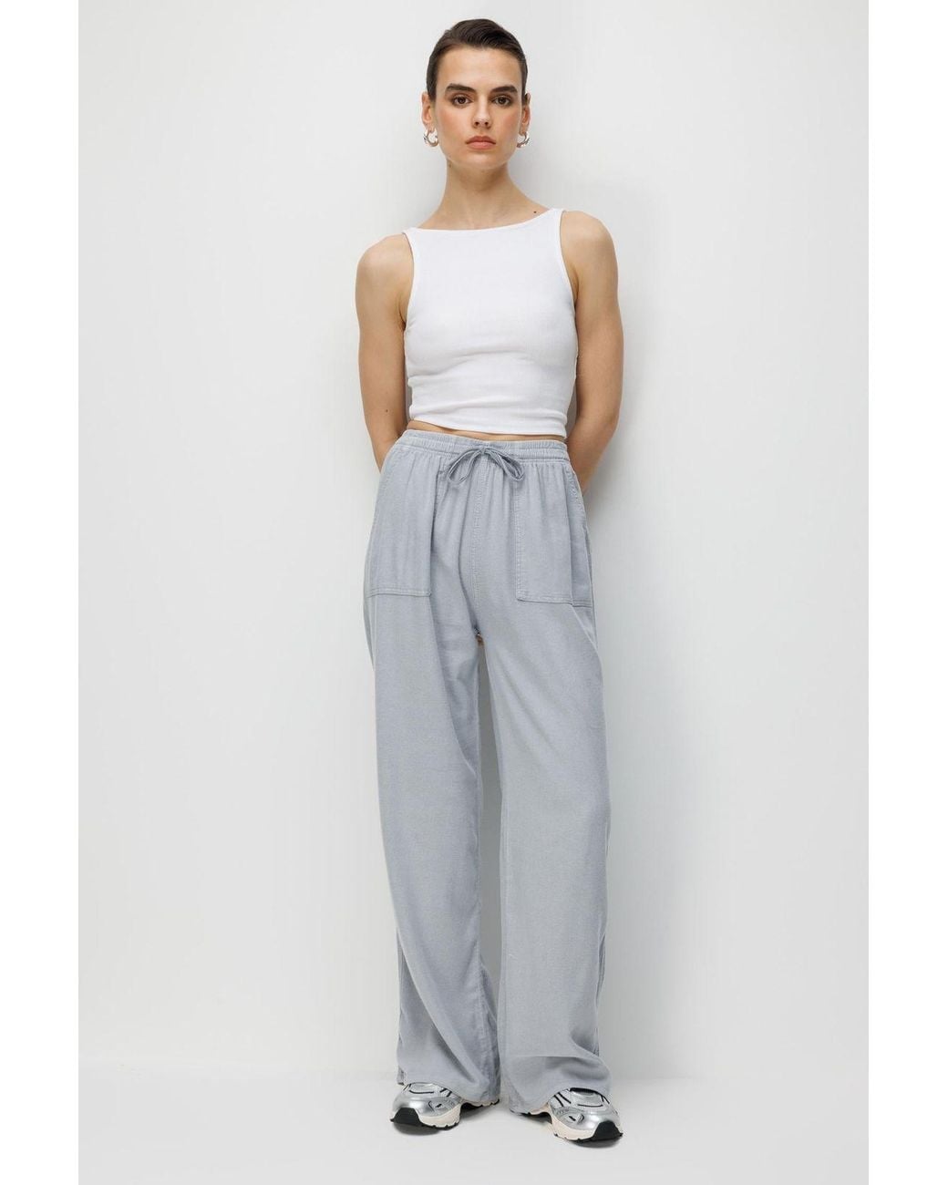 MixRay Gray Mid Waist Straight Leg Cotton Pants With Tie Closure