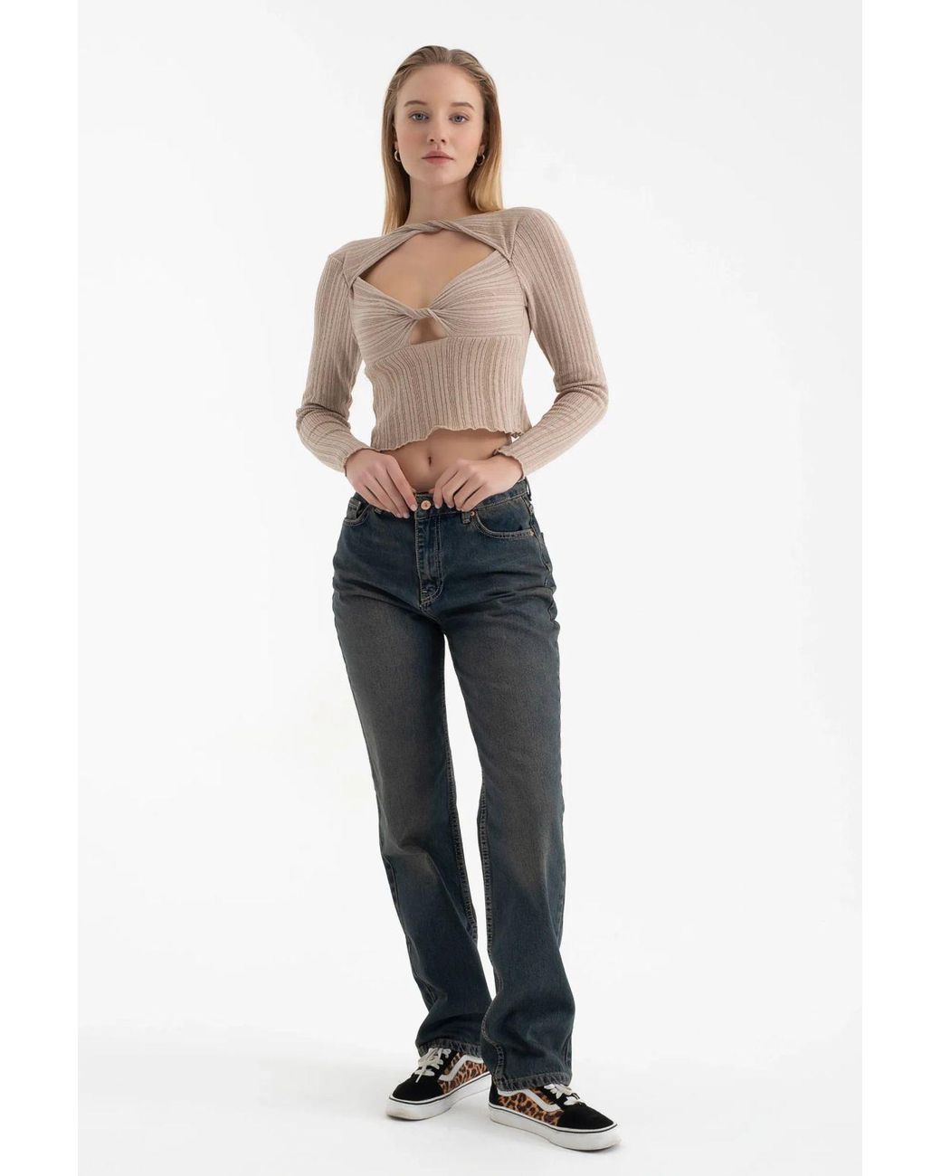 Hiccup Blue Boat Neck Ruched Bust Cut Out Long Sleeve Blouse