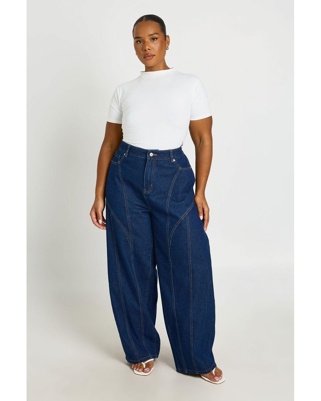 Boohoo Blue Plus Mid Waist Seam Detail Barrel Jean