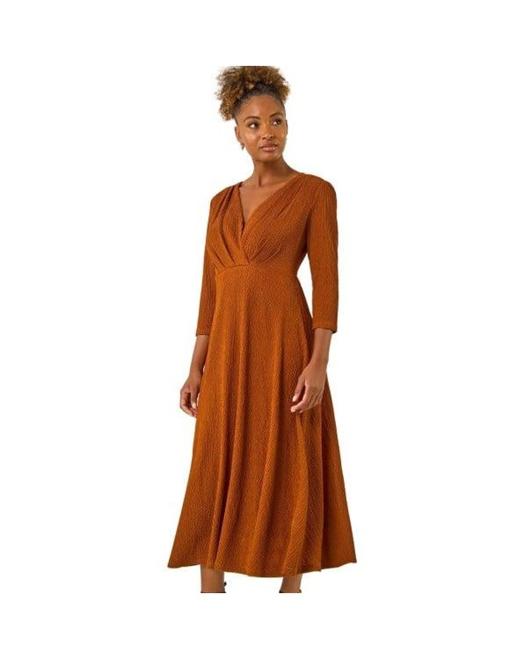 Roman Brown Textured Wrap Midi Dress