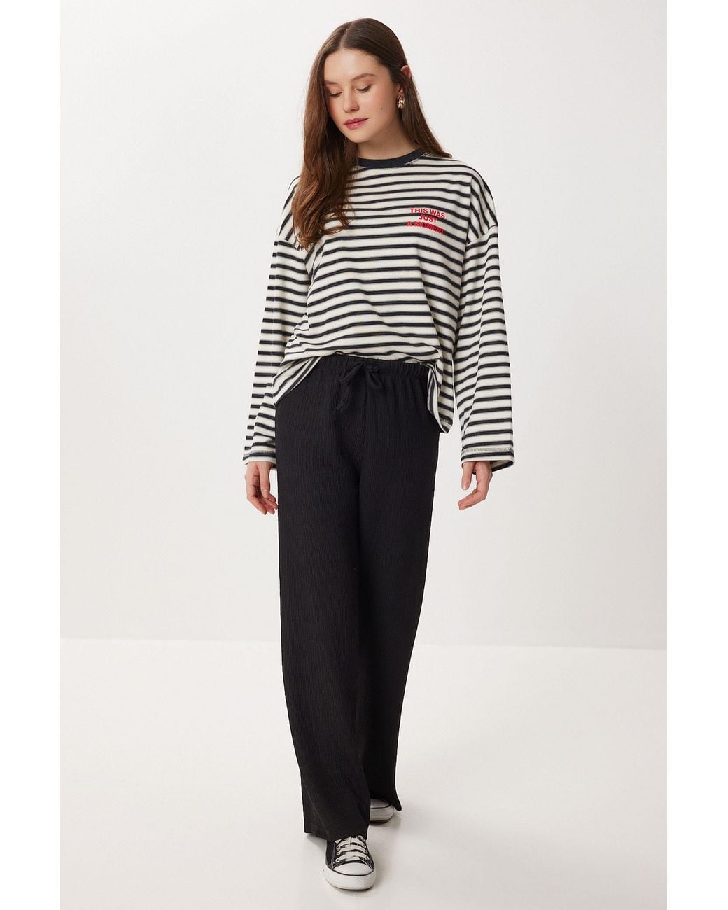 Happiness İstanbul Blue High Waist Textured Wide Leg Pants