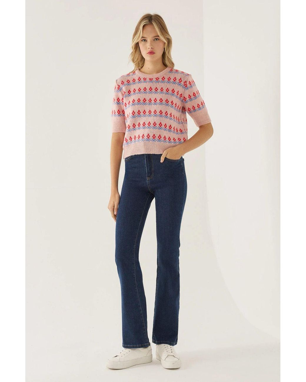 Hiccup Pink Patterned Short Sleeve Knit Sweater