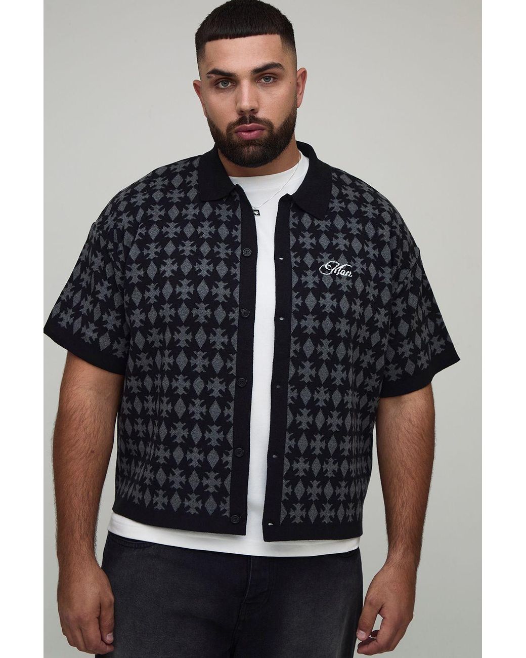 BoohooMAN Black Plus Oversized Boxy Fit Jacquard Patch Knitted Shirt for men