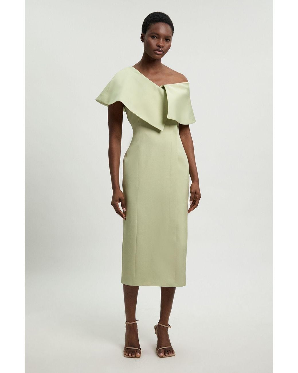 Karen Millen Green Polished Linen Blend Asymmetric Fold Detail Tailored Midi Pencil Dress