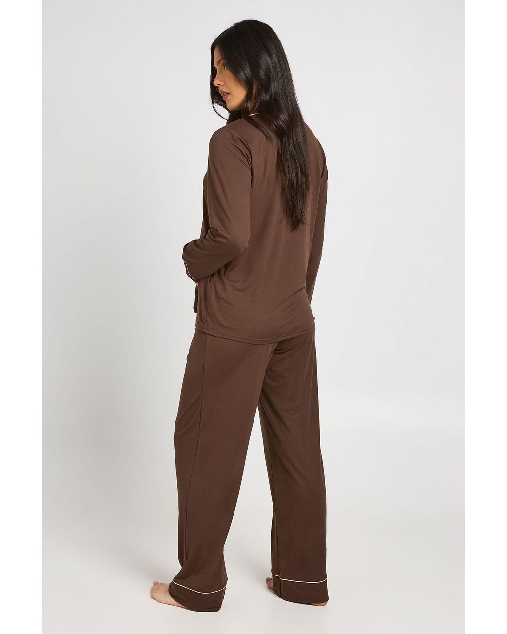 Boohoo Brown Matenity Piping Detail Long Sleeve Shirt & Trouser Pyjama Set