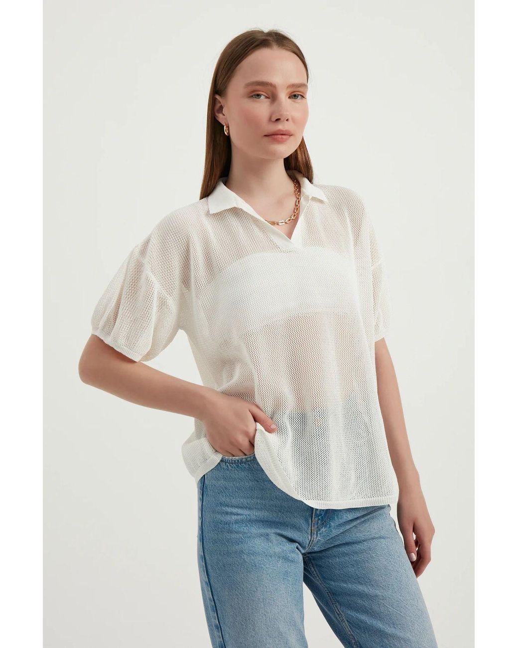 Hiccup White Polo Collar Mesh Textured Short Sleeve
