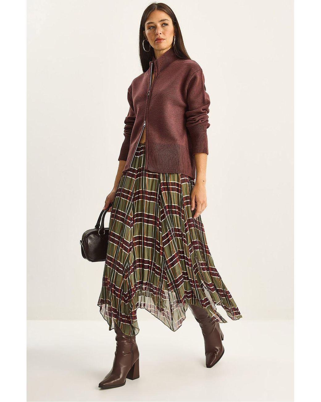Bianco Lucci Green Lined Checkered Midi Skirt