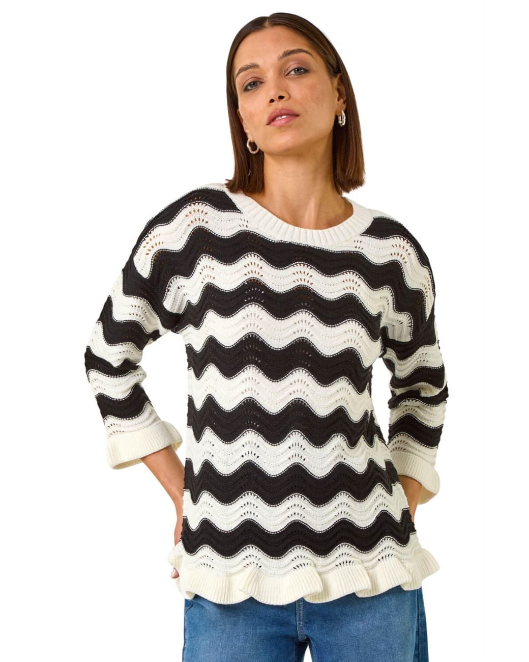 Roman Black Wave Stitch Hem Knit Jumper