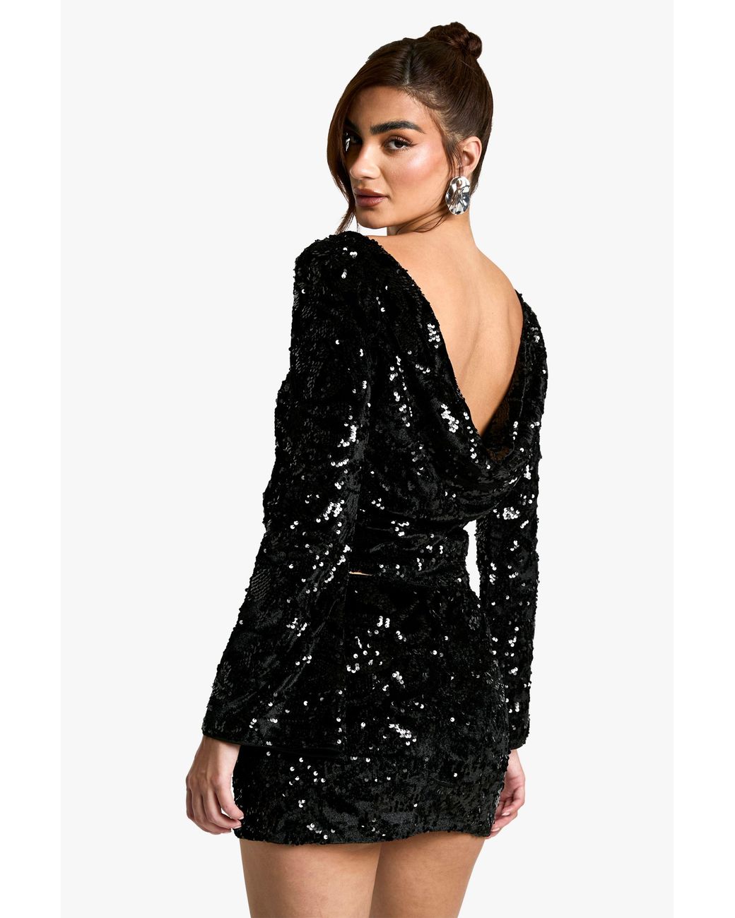 Boohoo Black Velvet Sequin Scoop Back Long Sleeve Top