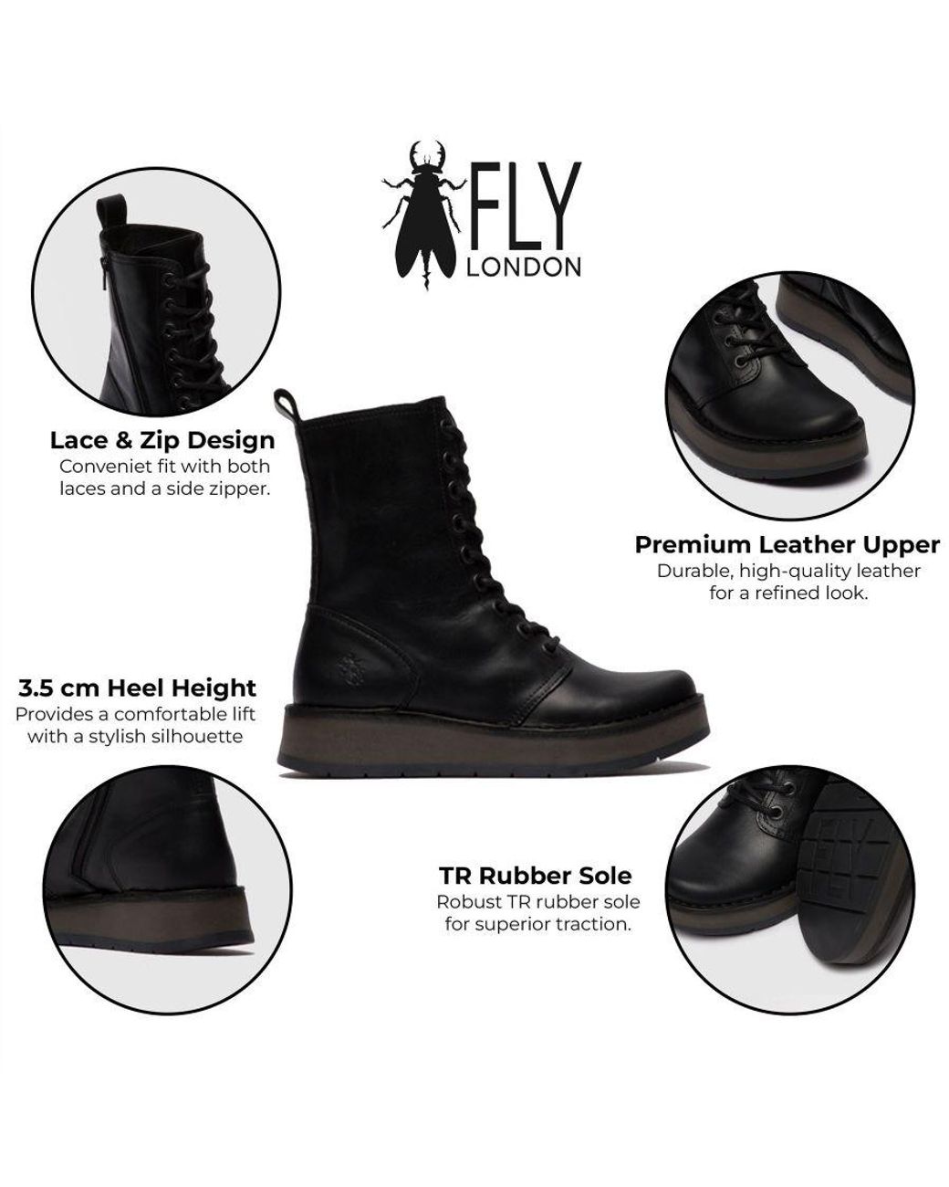 Fly London Black Rami043 Casual Leather Lace-Up Ankle Dress Boots