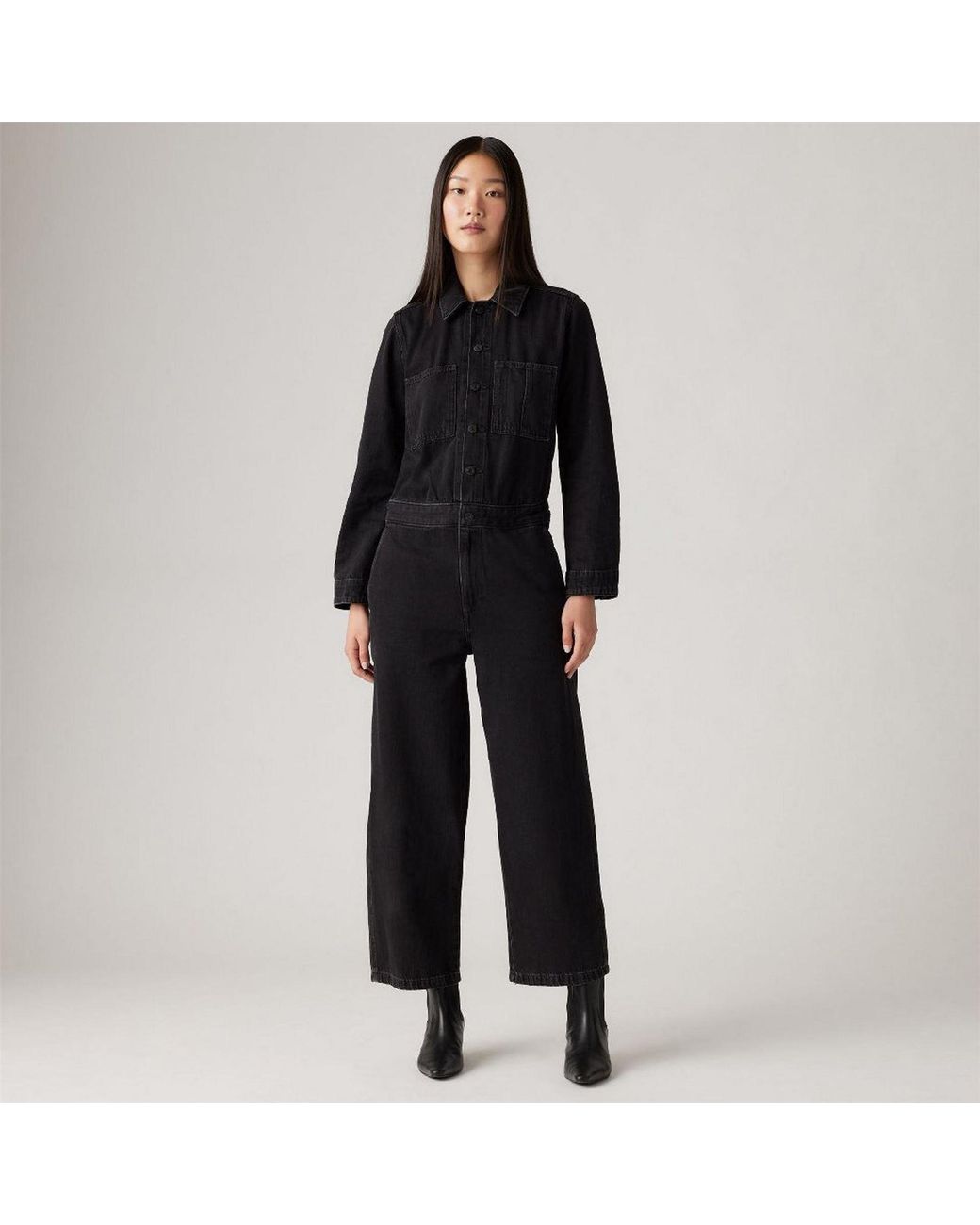 Levi's Black Levi's Iconic Collared Neck Long Sleeve Solid Patterned Jumpsuit