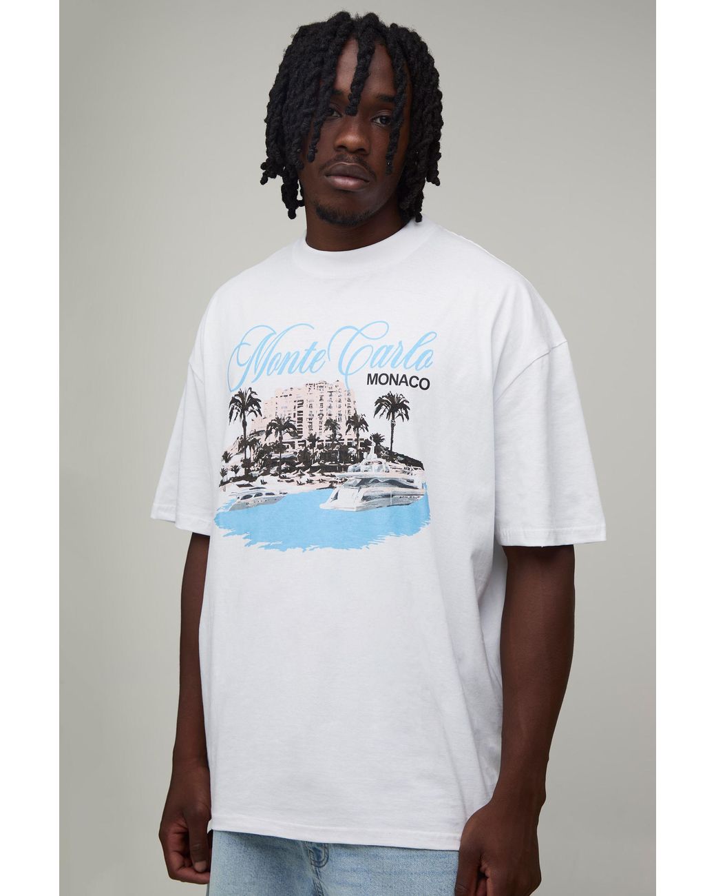 BoohooMAN White Tall Oversized Monte Carlo Print T-Shirt for men