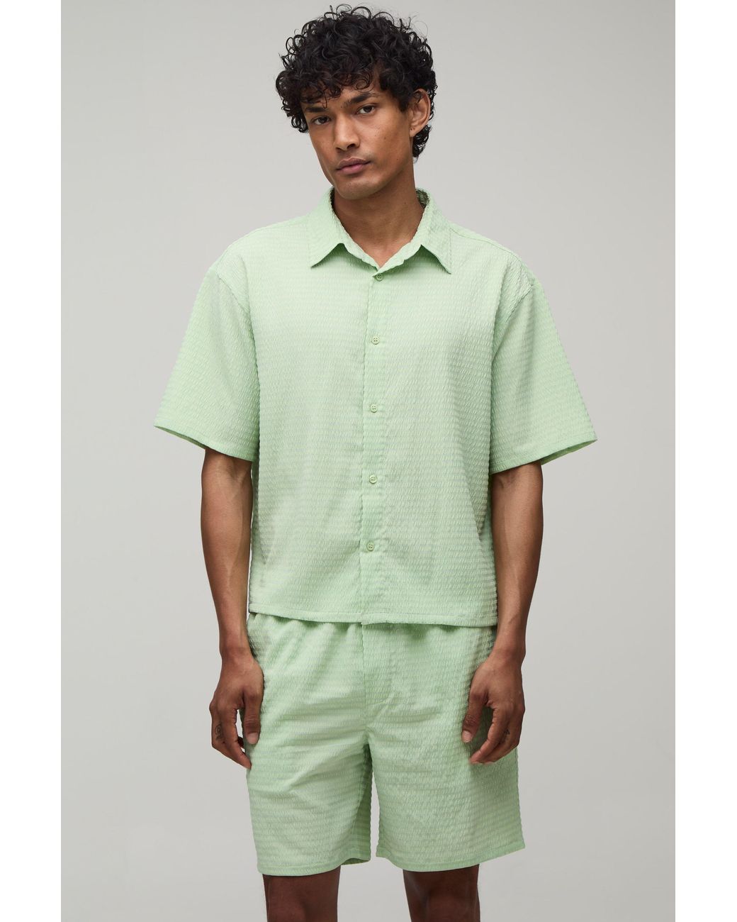 BoohooMAN Green Stripe Seersucker Oversized Boxy Shirt & Relaxed Short Set for men