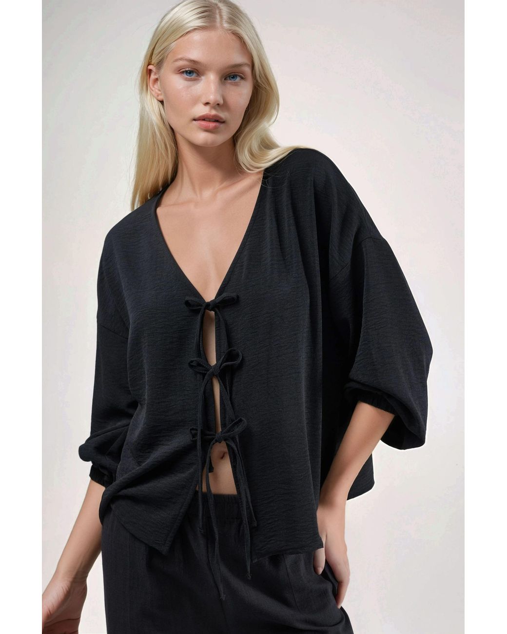 Hiccup Black Oversized V-Neck Tie Closure Blouse